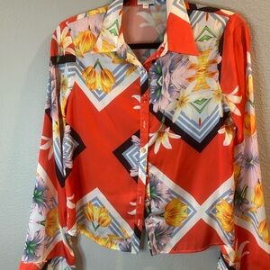Song of Style Floral Geometric Button Down Shirt - Red and Multicolor